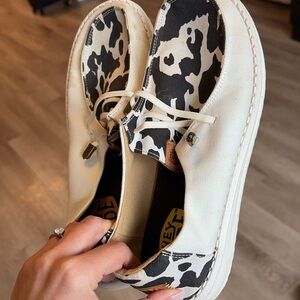 Hey Dude Women's Cream & Black Cow Print Wally Sneakers